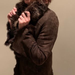 Chocolate brown suede coat, fox collar